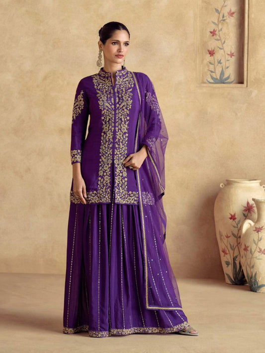 Embroidery Chinnon Kurta With Palazzo And Dupatta