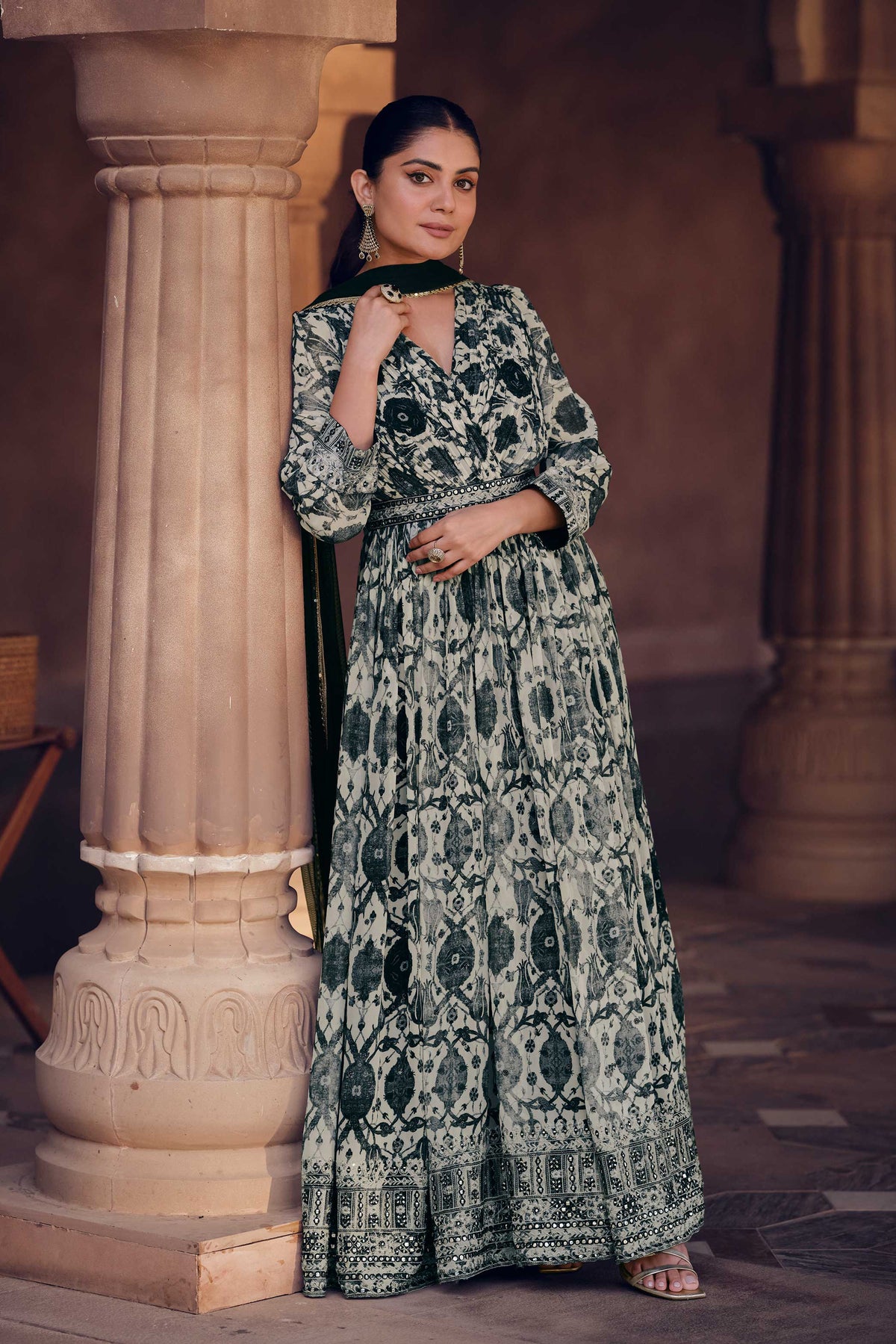Printed Embroided Georgette Long Sleeve V Neck Gown Net Dupatta