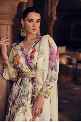 Printed Embroided V Neck Long Sleeve Georgette Gown