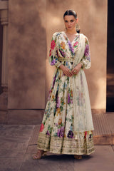 Printed Embroided V Neck Long Sleeve Georgette Gown