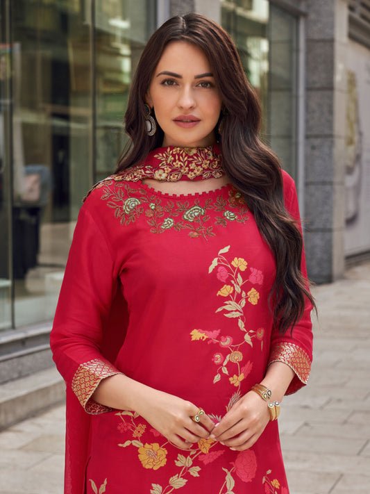 Embroidered Art Silk Kurta With Palazzo And Dupatta