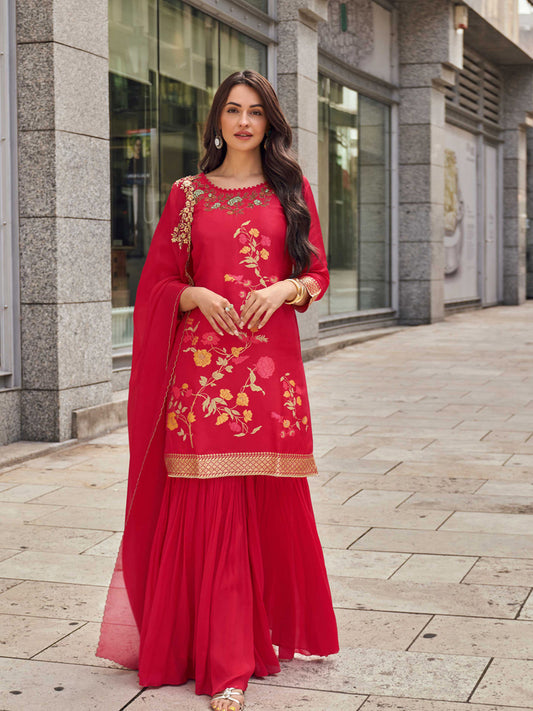 Embroidered Art Silk Kurta With Palazzo And Dupatta