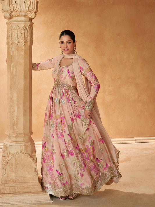 Sequins Embroidery Chinnon Kurta With Pants And Dupatta