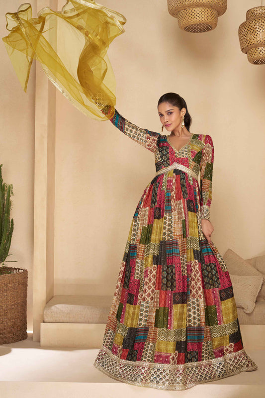 Printed Embroided Georgette Long Sleeve V Neck Gown Net Dupatta