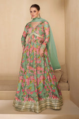 Printed Embroided Georgette Long Sleeve V Neck Gown Net Dupatta