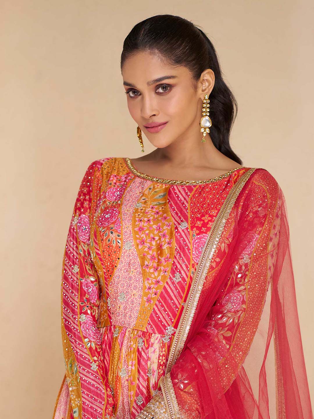 Printed Embroided Georgette Long Sleeve Round Neck Gown Net Dupatta
