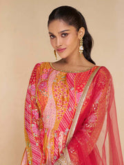 Printed Embroided Georgette Long Sleeve Round Neck Gown Net Dupatta