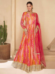 Printed Embroided Georgette Long Sleeve Round Neck Gown Net Dupatta