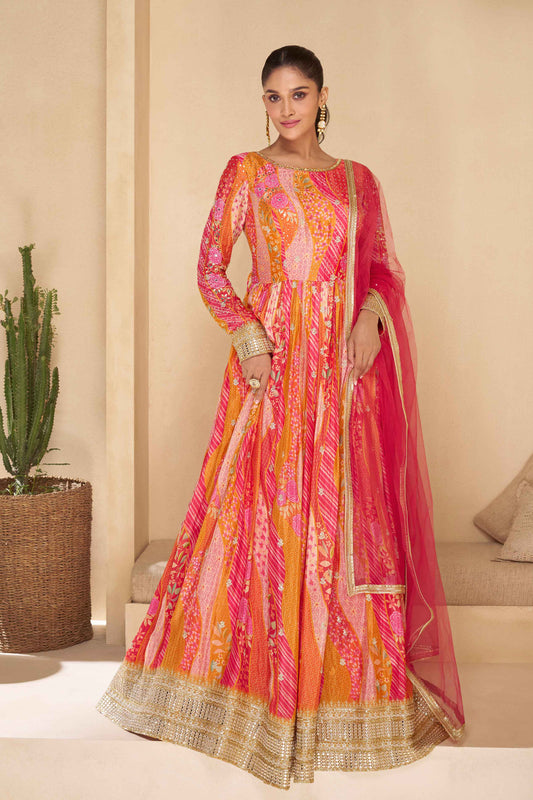 Printed Embroided Georgette Long Sleeve Round Neck Gown Net Dupatta