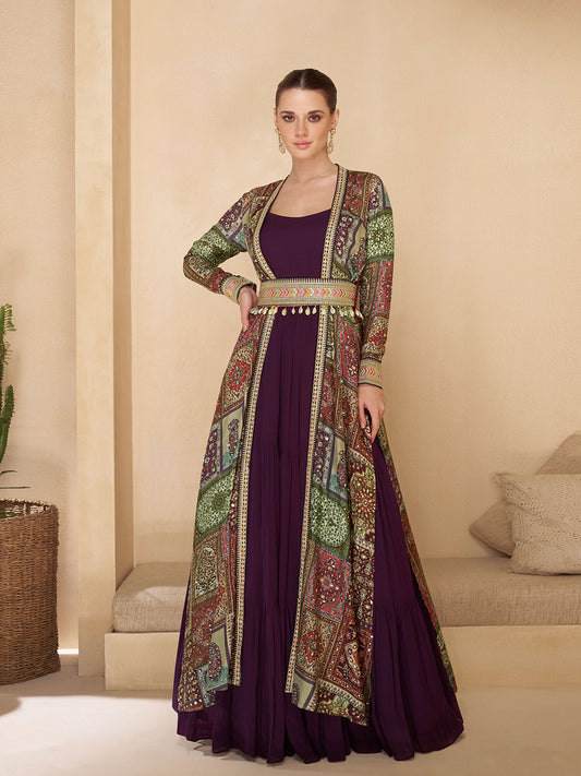 Embroidered & Sequin Work Gown Dress With Cape