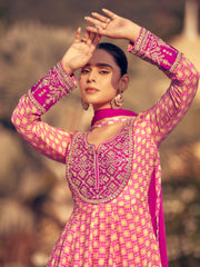 Embroidered Chinon Kurta With Palazzo And Dupatta