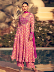 Embroidered Chinon Kurta With Palazzo And Dupatta