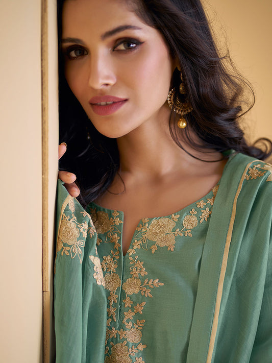 Zari Embroidery Silk Straight Kurta With Palazzo & Dupatta