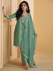 Zari Embroidery Silk Straight Kurta With Palazzo & Dupatta