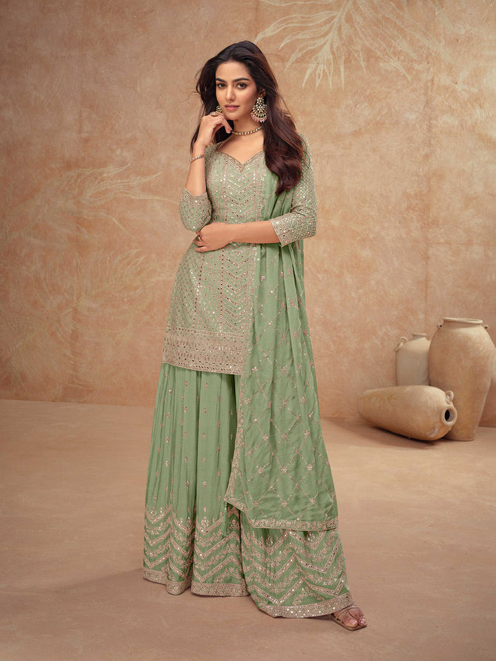 Embroidered Georgette Kurta With Pants &amp; Dupatta