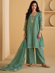 Zari Embroidery Silk Straight Kurta With Palazzo & Dupatta