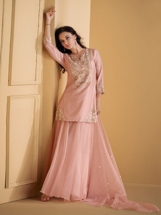 Zari Embroidery Silk Straight Kurta With Palazzo & Dupatta