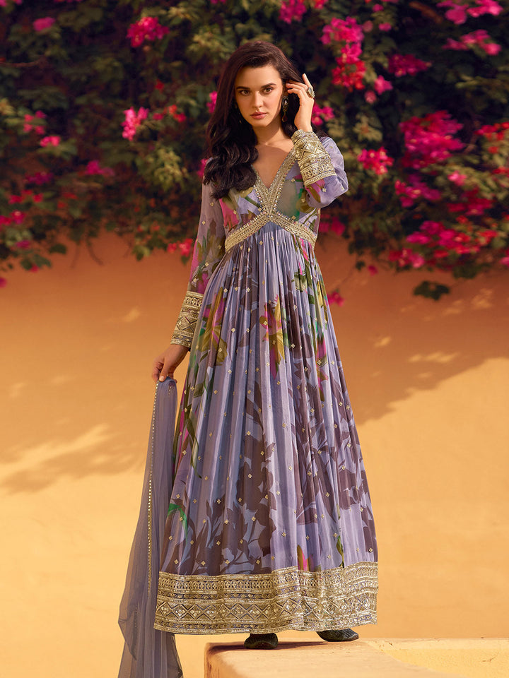 Printed &amp; Embroidered Chinon Gown With Dupatta