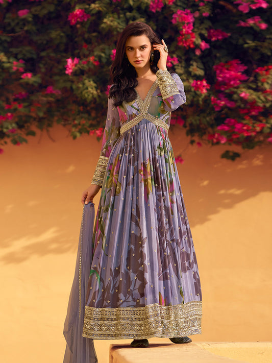 Printed & Embroidered Chinon Gown With Dupatta