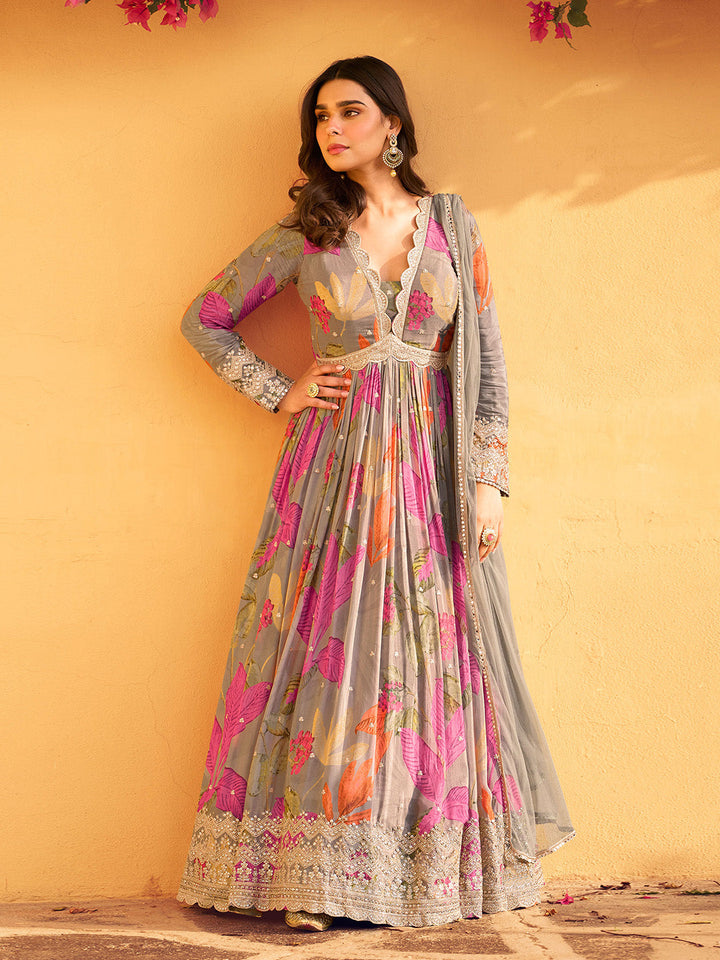 Printed &amp; Embroidered Chinon Gown With Dupatta