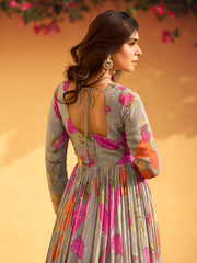 Printed & Embroidered Chinon Gown With Dupatta