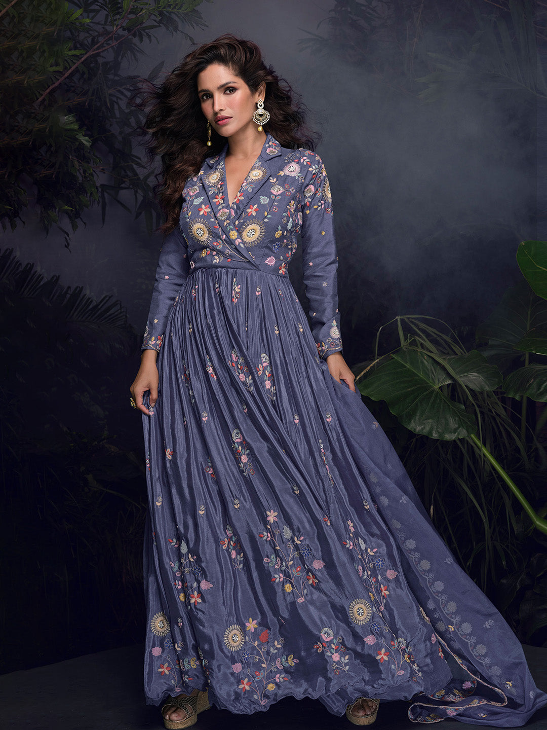 Embroidered Chinon Suit With Pant &amp; Dupatta