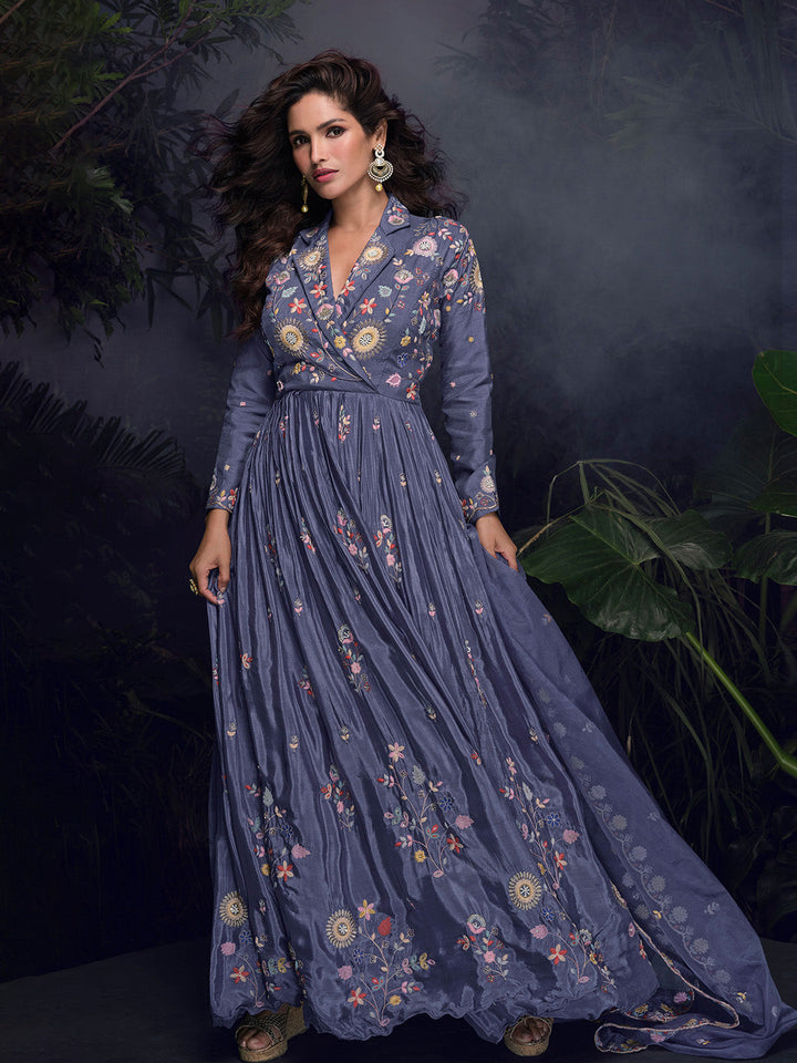 Embroidered Chinon Suit With Pant &amp; Dupatta
