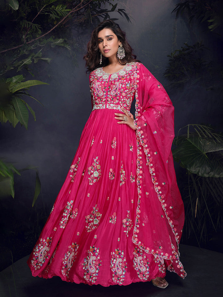 Embroidered Chinon Suit With Pant &amp; Dupatta
