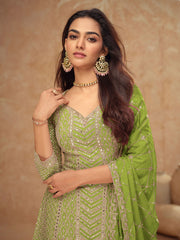 Embroidered Chinon Kurta With Plazzo & Dupatta