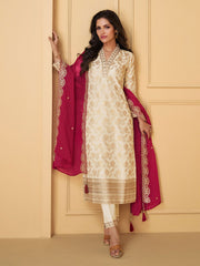 Neck Embroidery Jacquard Silk Straight Kurta With Pants & Dupatta