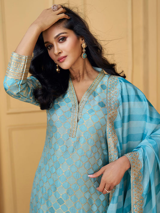 Neck Embroidery Jacquard Silk Straight Kurta With Pants & Dupatta