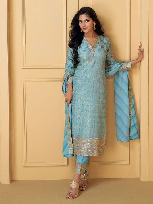 Neck Embroidery Jacquard Silk Straight Kurta With Pants & Dupatta