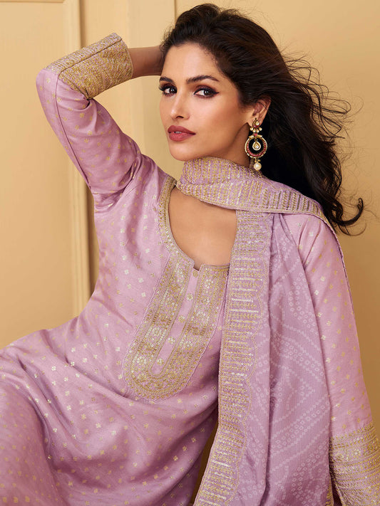 Neck Embroidery Jacquard Silk Straight Kurta With Pants & Dupatta