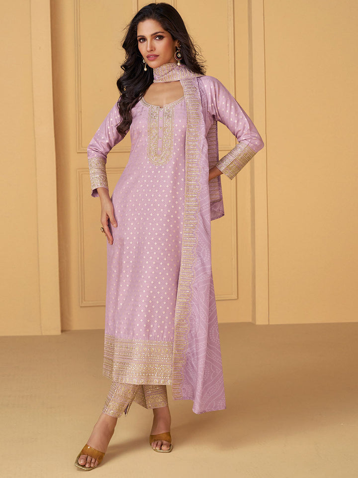 Neck Embroidery Jacquard Silk Straight Kurta With Pants &amp; Dupatta