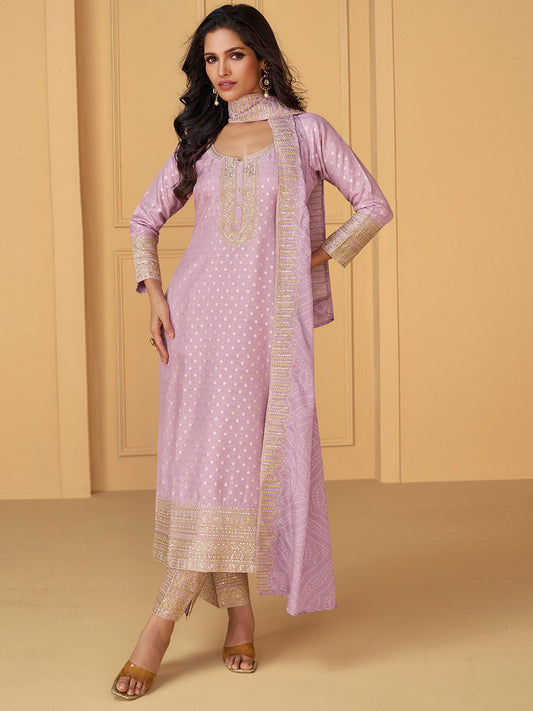 Neck Embroidery Jacquard Silk Straight Kurta With Pants & Dupatta