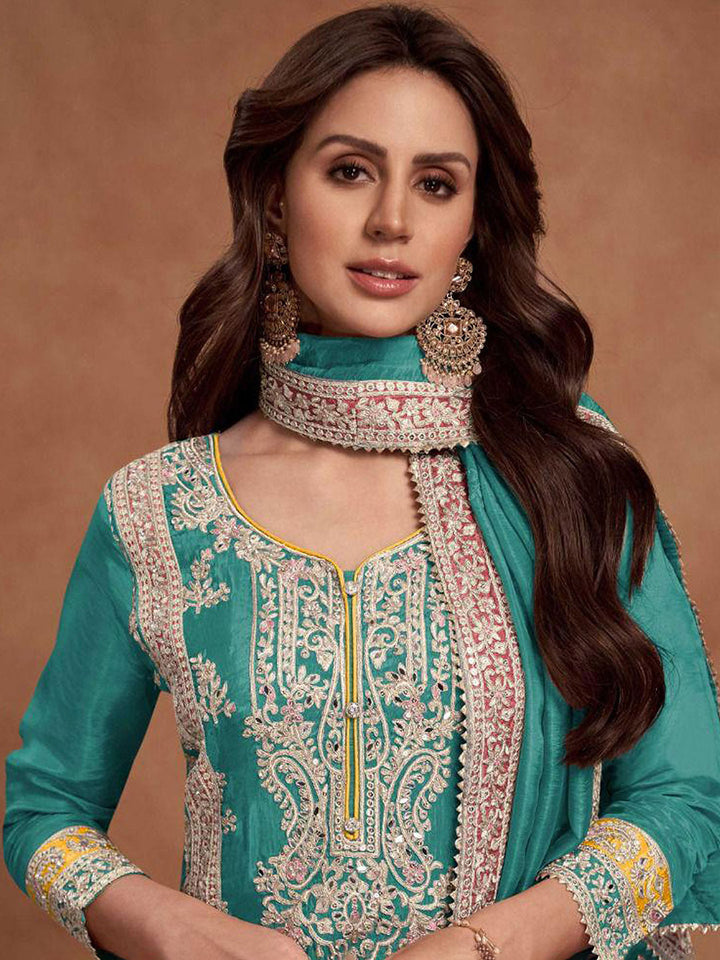 Embroidered Simar Silk Kurta With Plazzo &amp; Dupatta