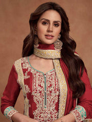 Embroidered Simar Silk Kurta With Plazzo & Dupatta