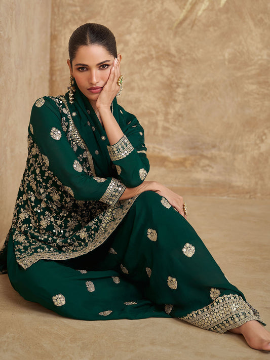 Zari Sequins Work Art Silk Kurta With Palazzo And Dupatta