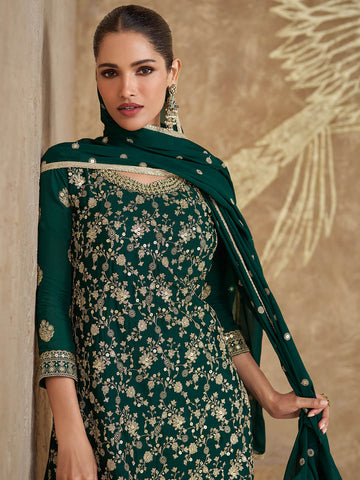 Zari Sequins Work Art Silk Kurta With Palazzo And Dupatta