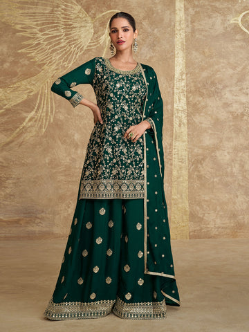 Zari Sequins Work Art Silk Kurta With Palazzo And Dupatta