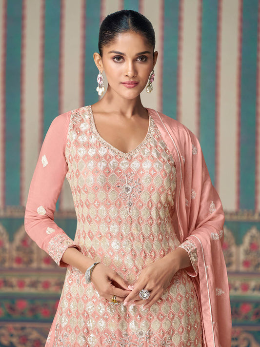 Resham Zari Sequins Work Art Silk Kurta With Palazzo And Dupatta