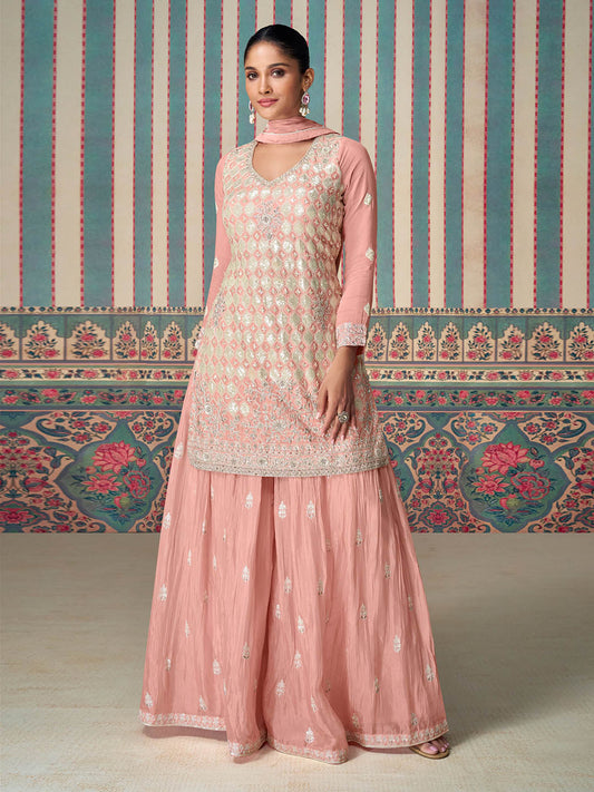 Resham Zari Sequins Work Art Silk Kurta With Palazzo And Dupatta