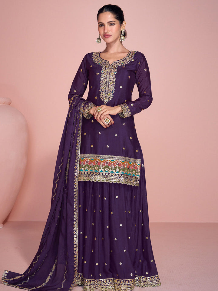 Embroidered Chinon Suit With Pant &amp; Dupatta