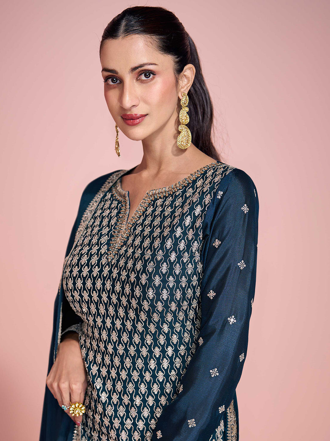 Embroidered Chinon Suit With Pant &amp; Dupatta