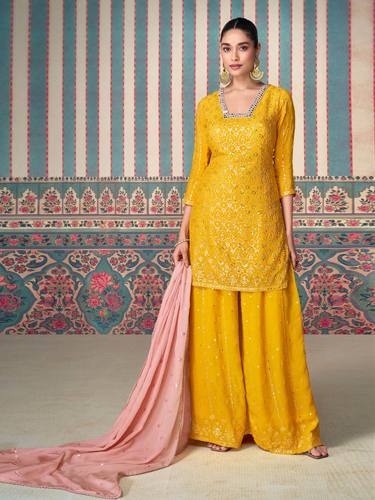 Resham Zari Sequins Work Art Silk Kurta With Palazzo And Dupatta