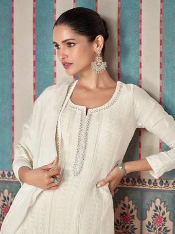 Resham Zari Sequins Work Art Silk Kurta With Palazzo And Dupatta