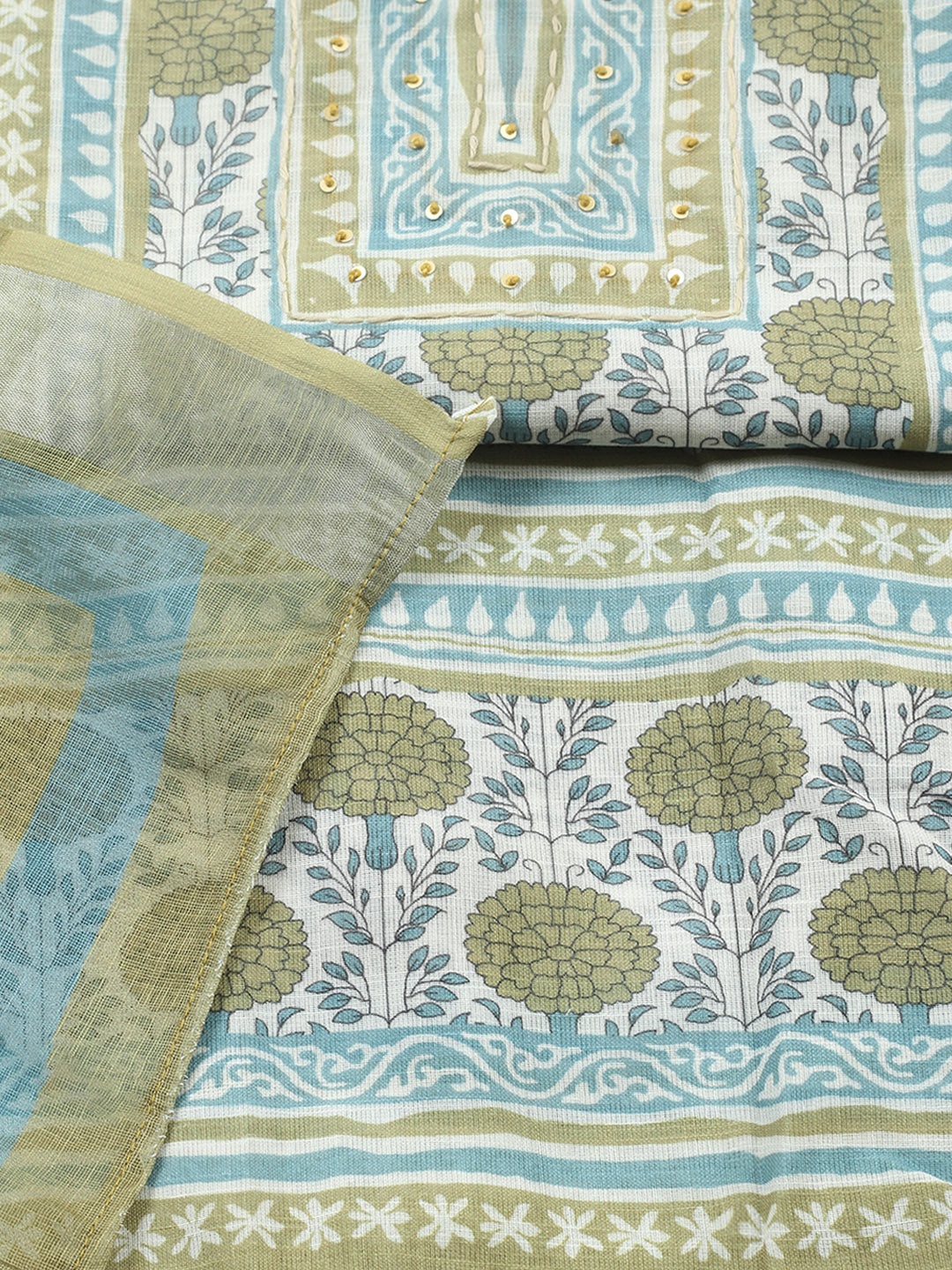 Printed Linen Blend Unstitched Suit With Pant &amp; Dupatta