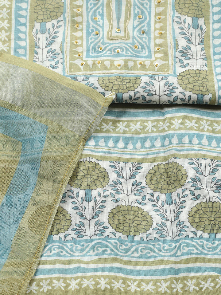 Printed Linen Blend Unstitched Suit With Pant &amp; Dupatta