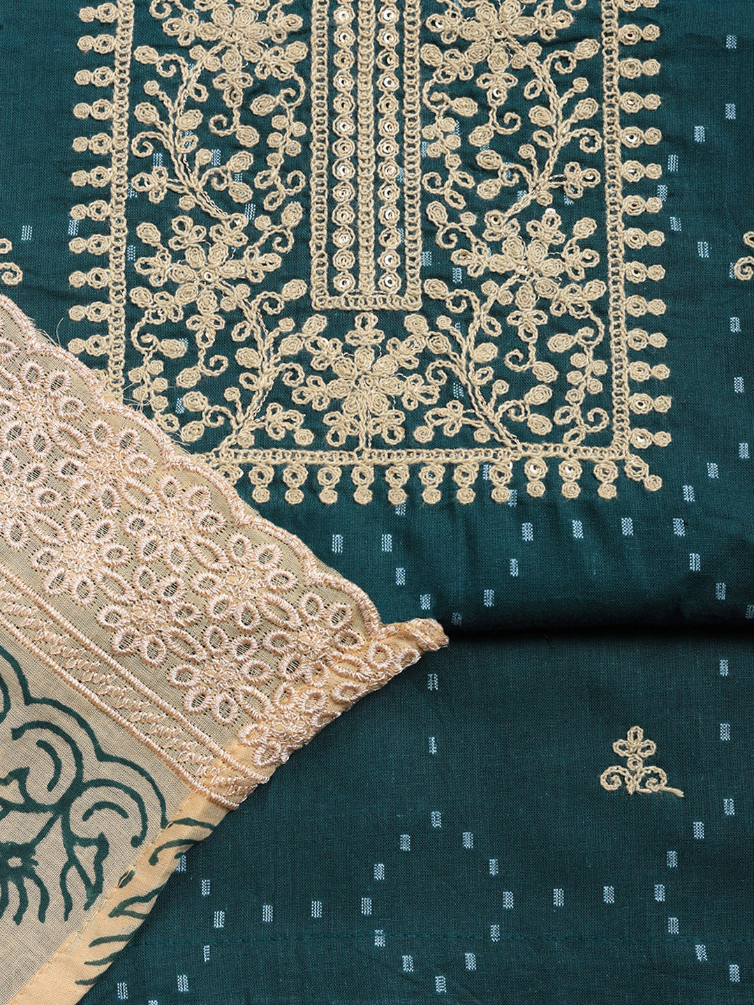 Embroidered Cotton Blend Unstitched Suit With Pant &amp; Dupatta