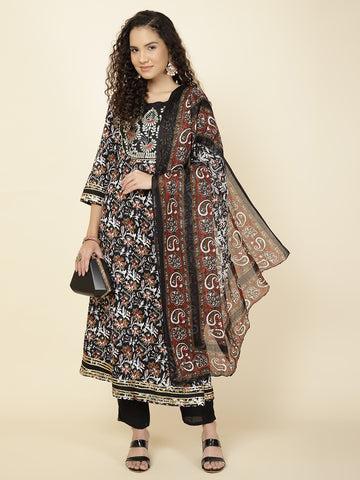 Floral Printed Cotton Kurta With Pants & Dupatta